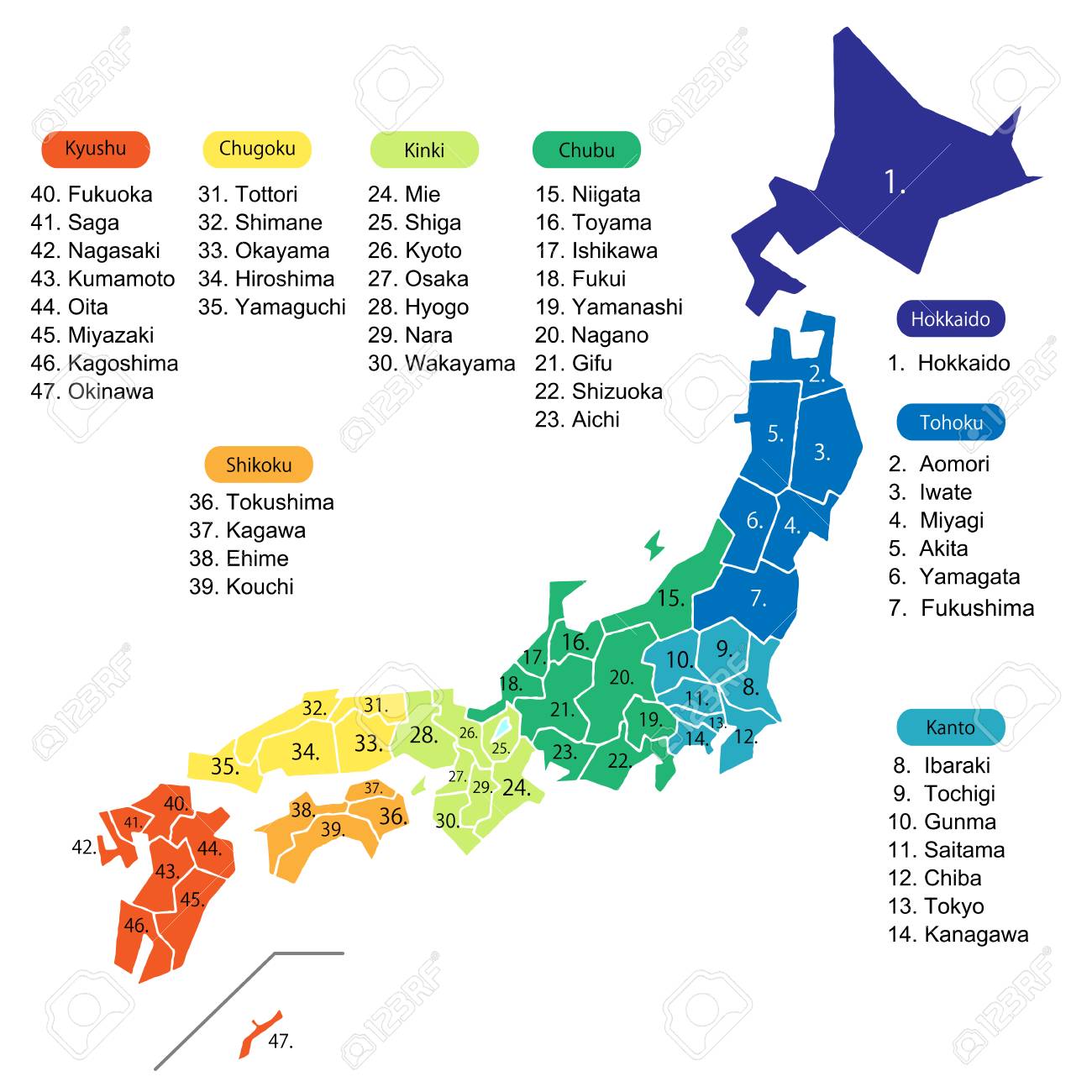 Japan map (with prefecture name list)